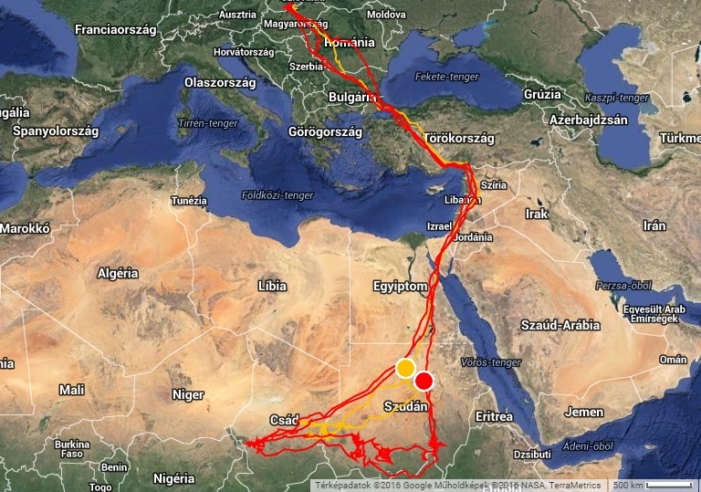 Veca (pirossal jelölve) és Bátony (sárgával jelölve) teljes vonulási útvonala (forrás: satellitetracking.eu)